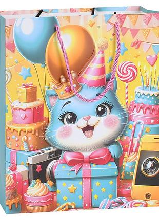 Пакет подарочный happy birthday котик mk 5949-m-4 размер 32х26х10 см