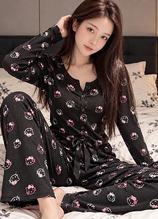 Підліткова піжама для дівчинки hello kitty 164–170 см, чорна, кофта на ґудзиках + штани
