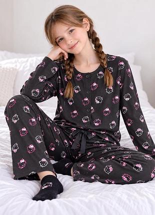 Підліткова піжама для дівчинки hello kitty 152–158 см, чорна, кофта на ґудзиках + штани
