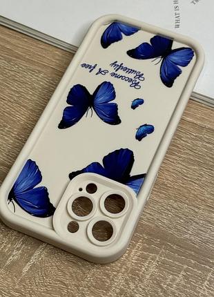Силиконовый чехол на iphone 13 pro max, бежевый противоударный с защитой камеры butterfly design