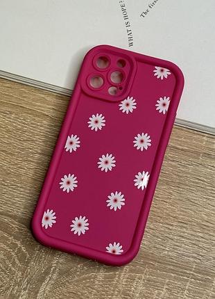 Силіконовий чохол на iphone 13 pro, рожевий протиударний з захистом камери flower design