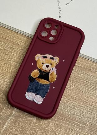 Силіконовий чохол на iphone 12 pro, бордовий протиударний з захистом камери bear design