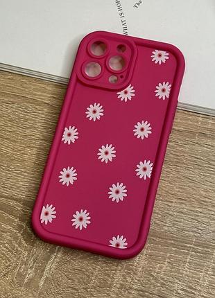 Силиконовый чехол на iphone 13 pro max, розовый противоударный с защитой камеры flower design