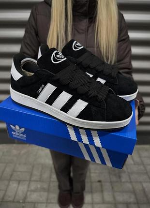 Зимові чоловічі кросівки adidas campus адідас кампус із натуральної замші чорні з хутром