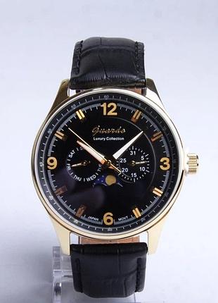 Мужские часы guardo luxury collection s01394-5 золотистый корпус чёрный кожаный ремешок чёрный циферблат с датой