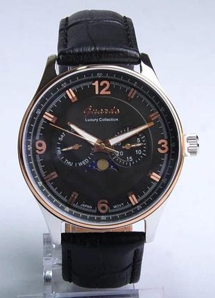 Мужские часы guardo luxury collection s01394-7 корпус сталь с безелем розовое золото чёрный кожаный ремешок чёрный циферблат с