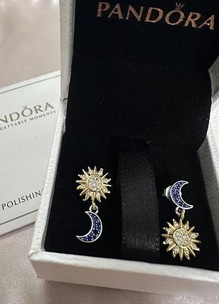 Сережки для жінок pandora небо, місяць і сонце, сріблясті, золотисті, сині
