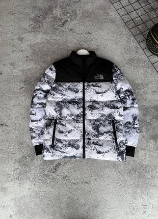 Чоловіча зимова куртка the north face з принтом гір чорно-біла s–xxl