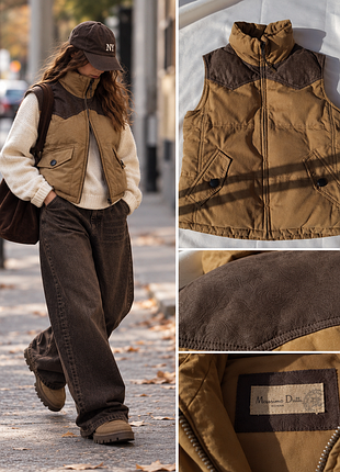 Пуховая жилетка massimo dutti / натуральная кожа / 70% пух / camel / country style / s
