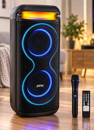 Портативна акустична система zpx zx-7791 250 вт 800 вт потужна колонка pmpo, 2×8", bluetooth, tws, led, uhf-мікрофон