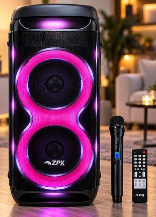 Портативна акустична система zpx zx-7792 250 вт 2×10" акумуляторна колонка з rgb led- підсвіткою bluetooth, tws +uhf-мікрофон