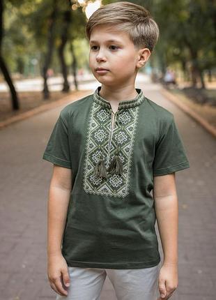 Вышиванка kosar для мальчика 2-16 лет с коротким рукавом , 98, хаки