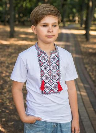 Вышиванка kosar для мальчика 2-16 лет с коротким рукавом,146, белый с красным