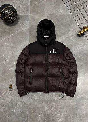 Чоловіча зимова куртка calvin klein коричнево-чорна з капюшоном m–xxl