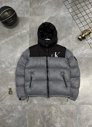 Чоловіча зимова куртка calvin klein сіро-чорна з капюшоном m–xxl