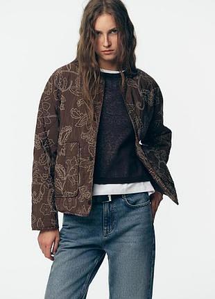 Куртка жіноча zara стьобана з вишивкою коричнева