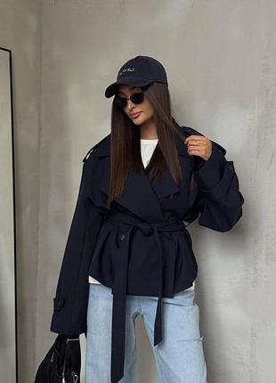 Укороченный тренч oversize | турецкий коттон + атласная подкладка темно-синій