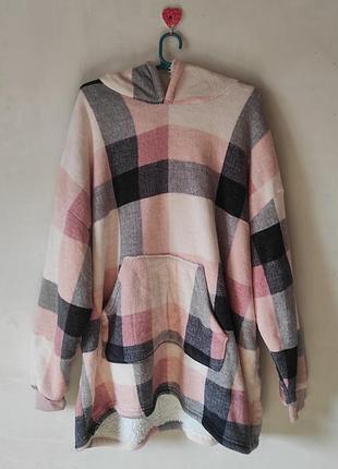 Теплое худи-плед oversized dreamscene в клетку с капюшоном и мехом (one size / l-4xl, длина 88 см)
