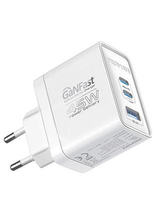 Зарядное устройство promate powerport-45 2xusb-c pd + usb-a qc 45w white (powerport-45.white)