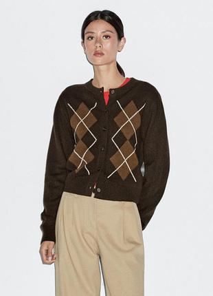 Шерстяной кардиган massimo dutti на пуговицах с геометрическим принтом 100% шерсть
