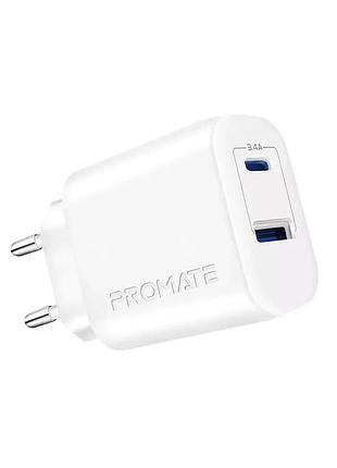Зарядное устройство promate 17w usb-c + usb-a (biplug-2.white)
