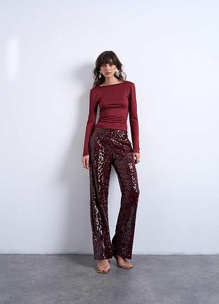 Брюки , штани, бордо , вишневі , червоні в паєтки , блискучі прямі zara mango massimo dutti asos bershka stradivarius