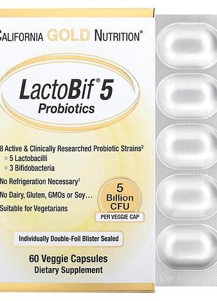 Пробиотики и пребиотики california gold nutrition lactobif 5 probiotics, 60 вегакапсул