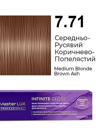 Деми-перманентная крем-краска для волос infinite gloss 7.71 средне-русый коричнево-пепельный master lux 60 мл