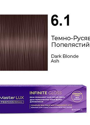 Деми-перманентная крем-краска для волос infinite gloss 6.1 темно-русый пепельный master lux 60 мл