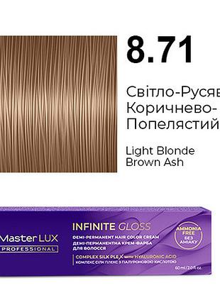 Деми-перманентная крем-краска для волос infinite gloss 8.71 светло-русый коричнево-пепельный master lux 60 мл