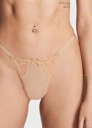 Трусики жіночі victoria’s secret стринги мереживні розмір s бежеві
