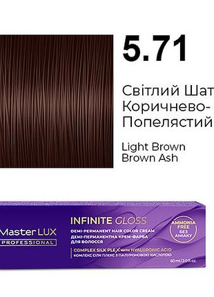 Деми-перманентная крем-краска для волос infinite gloss 5.71 светлый шатен коричнево-пепельный master lux 60 мл