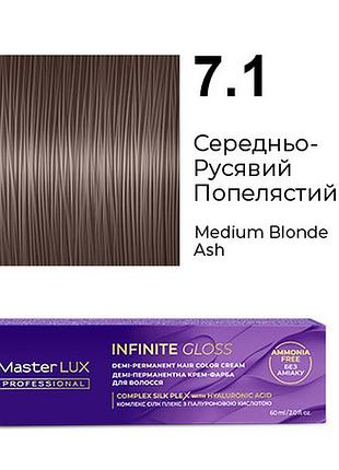 Деми-перманентная крем-краска для волос infinite gloss 7.1 средне-русый пепельный master lux 60 мл
