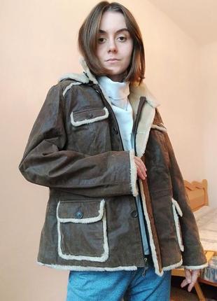 Кожаная куртка дублянка с капюшоном авиатор куртка с мехом zara mango bershka cos8 фото