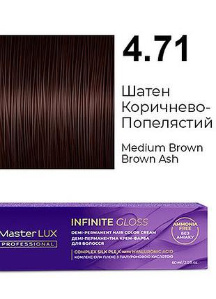 Деми-перманентная крем-краска для волос infinite gloss 4.71 шатен коричнево-пепельный master lux 60 мл