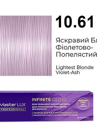 Деми-перманентная крем-краска для волос infinite gloss 10.61 яркий блонд фиолетово-пепельный master lux 60 мл
