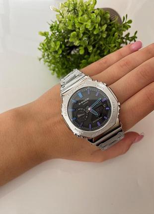 Чоловічий годинник casio g-shock gm-b2100 — сріблястий, металевий корпус, градієнтний циферблат, стильний спортивний дизайн