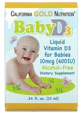 Жидкий витамин d3 для новорожденных california gold nutrition baby vitamin d3 400 iu alcohol-free, 10 мл для здоровья костей и