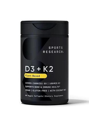 Вітаміни та мінерали sports research vitamin d3 + k2 5000 iu/100 mcg, 60 капсул