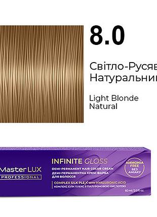 Демі-перманентна крем-фарба для волосся infinite gloss 8.0 світло-русявий натуральний master lux 60 мл