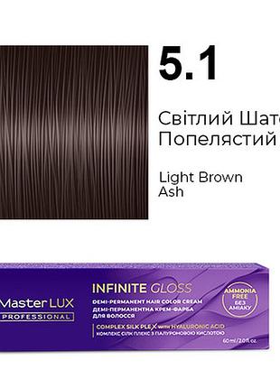 Деми-перманентная крем-краска для волос infinite gloss 5.1 светлый шатен пепельный master lux 60 мл
