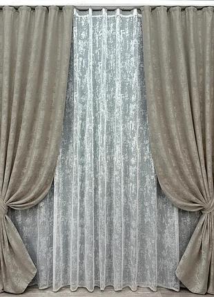 Комплект штор з тюлем vr-textil жакард мармур, капучино з білим, 2 штори 200×270 см + тюль 600×270 см, арт. 71-004/7