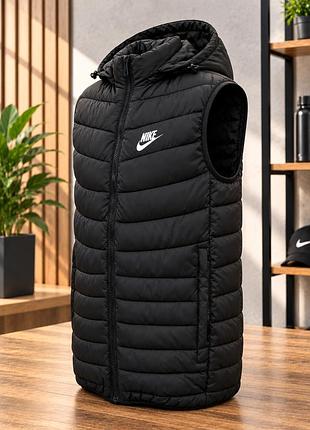 Чоловіча утеплена безрукавка nike з капюшоном, стьобаний жилет на блискавці з кишенями, чорний 48