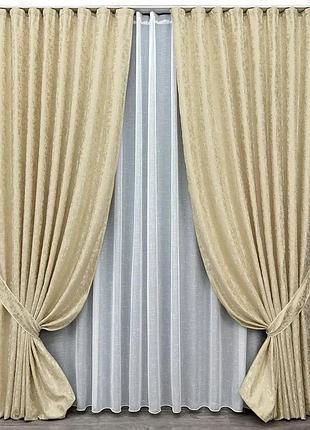 Комплект штор с тюлем vr-textil лен мрамор, кремовый с белым, 2 шторы 150×270 см + тюль 600×270 см, арт. 71-129/5