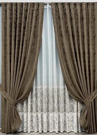 Комплект штор з тюлем vr-textil жакард мармур, коричневий з білим, 2 штори 100×270 см + тюль 300×270 см, арт. 71-119/1