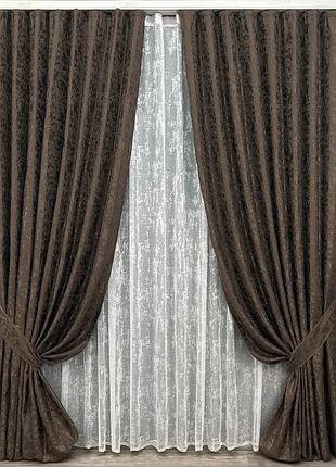 Комплект штор с тюлем vr-textil лен мрамор, венге с белым, 2 шторы 150×270 см + тюль 500×270 см, арт. 71-138/4