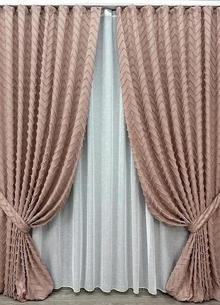 Комплект штор с тюлем vr-textil лен букле, пудровый с белым, 2 шторы 150×270 см + тюль 400×270 см, арт. 71-046/3