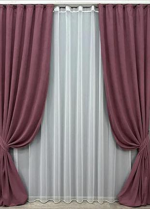Комплект штор с тюлем vr-textil микровелюр petek, пурпурный с белым, 2 шторы 150×270 см + тюль 600×270 см, арт. 71-034/5