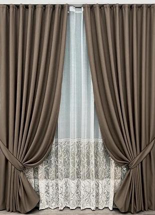 Комплект штор с тюлем vr-textil рогожка премиум terra luxe, какао с белым, 2 шторы 150×270 см + тюль 400×270 см, арт. 71-115/3