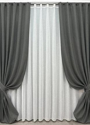 Комплект штор з тюлем vr-textil льон мішковина, сірий з білим, 2 штори 100×270 см + тюль 300×270 см, арт. 71-027/1